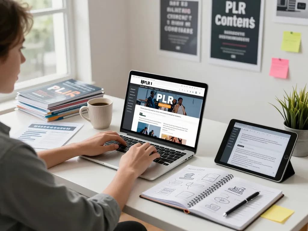 Content creator engaged in purchasing PLR content at a modern workspace.