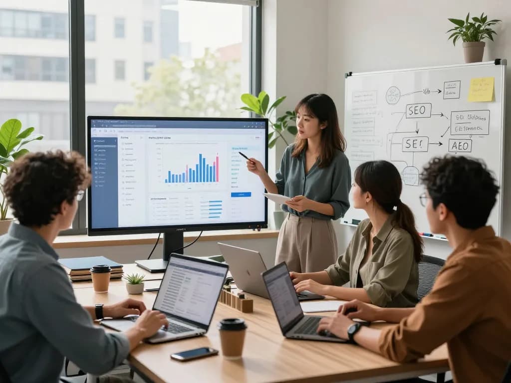 SEO Company in NYC team collaborating on digital marketing strategies in a modern workspace