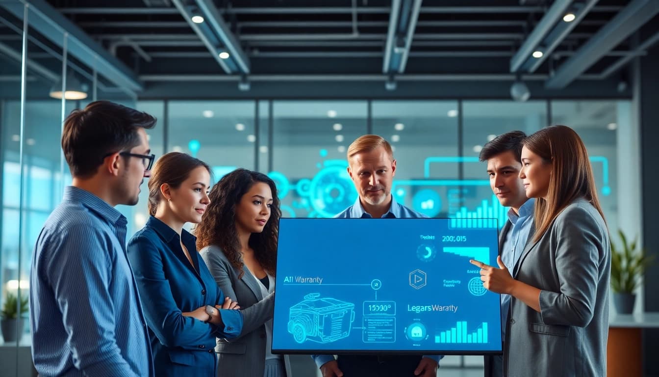 Showcasing a dynamic team at an AI powered warranty company executing innovative ideas in a modern office.