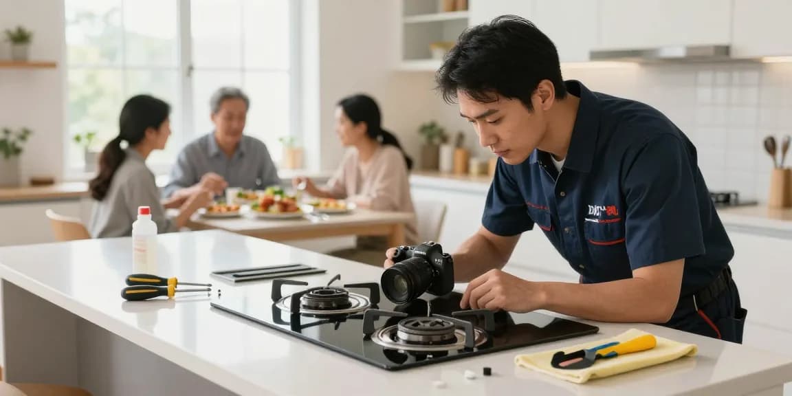 Expert technician performing stove & cooktop repair in a well-lit kitchen.