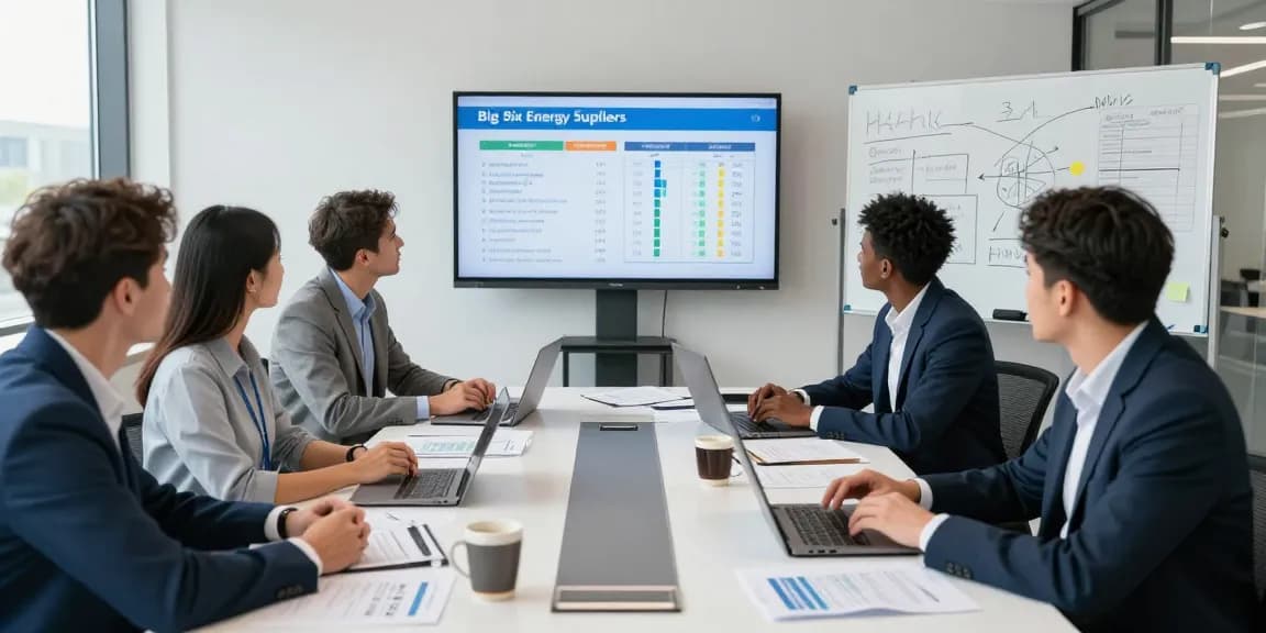 Team meeting discussing big six energy suppliers in a modern office with charts and laptops.