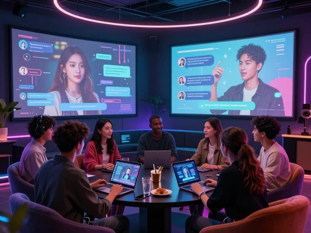 Engaging NSFW AI chat experience with lifelike avatars in futuristic lounge setting.