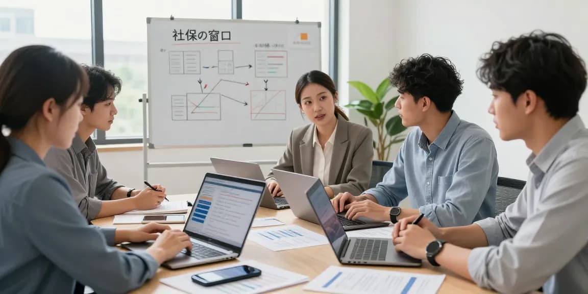 現代のオフィス環境で社保の窓口サービスについて議論するコンサルティングチーム。