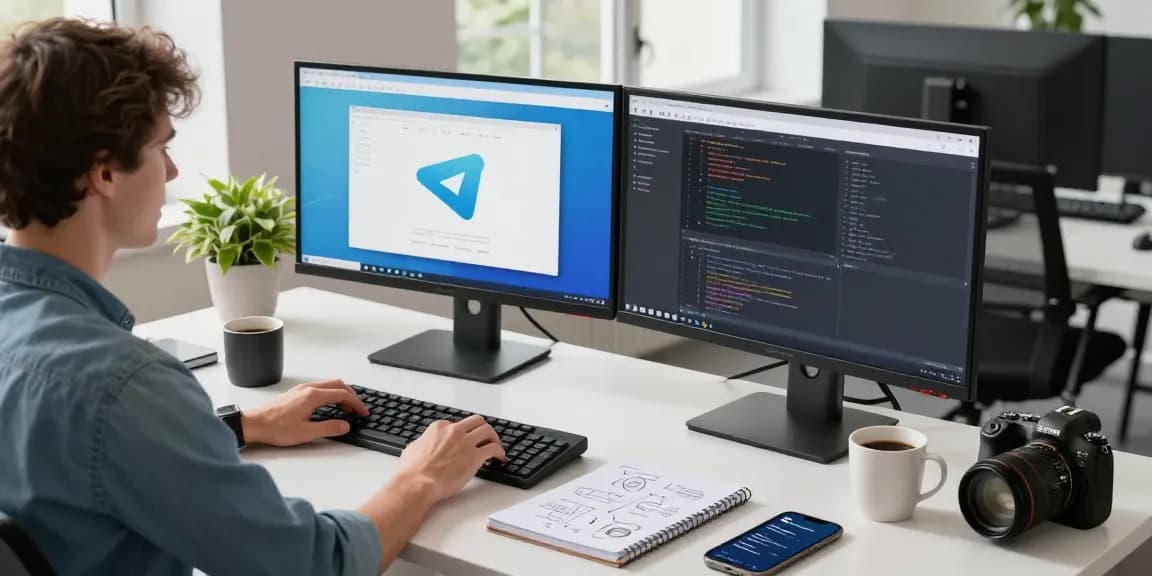 Developer using 纸飞机中文版 in a modern workspace with dual monitors and creative notes.