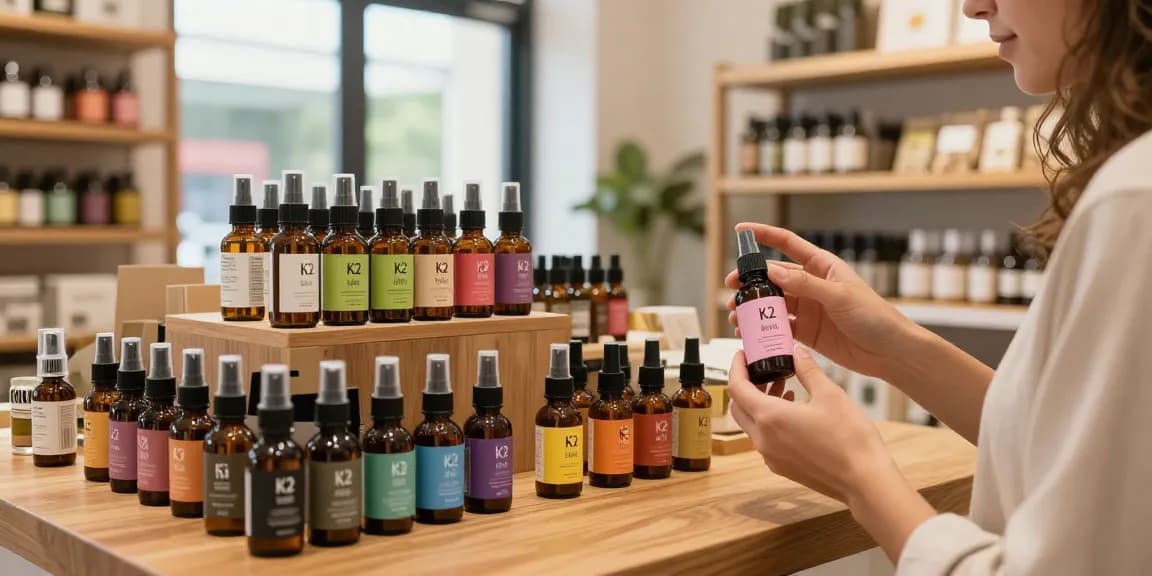 Shopper exploring the best-k2-spray-online with aromatic K2 products on display.
