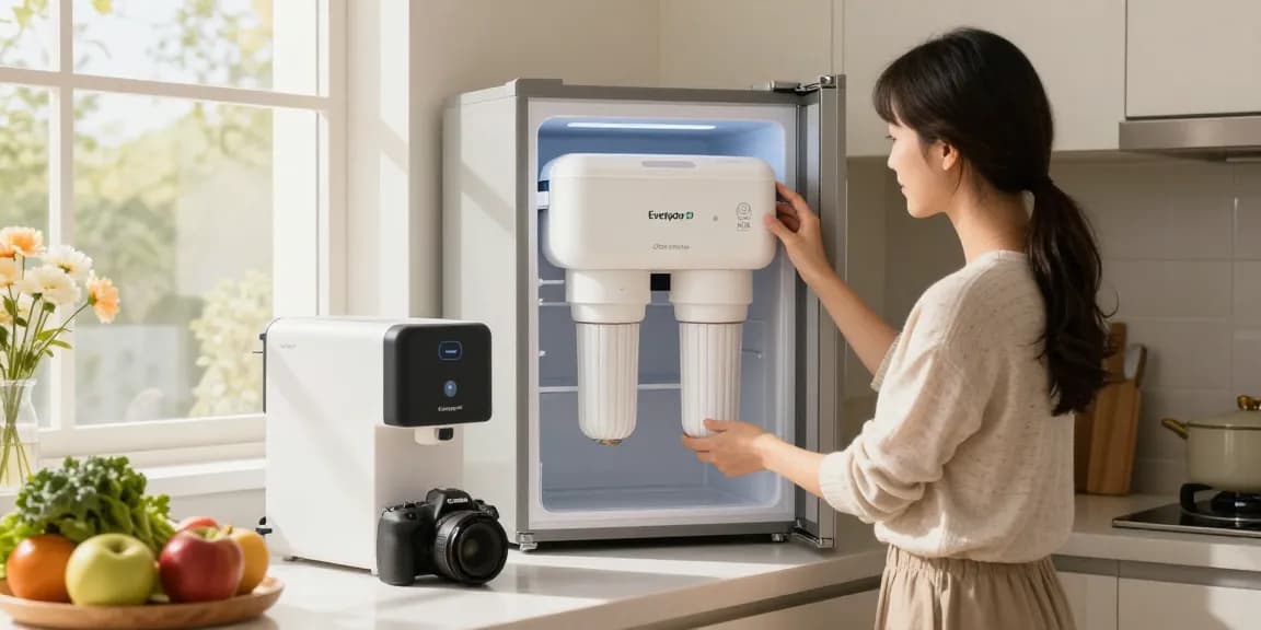 Woman installing Waterdrop Plus EDR3RXD1 Replacement for Everydrop® Filter 3 in bright kitchen.