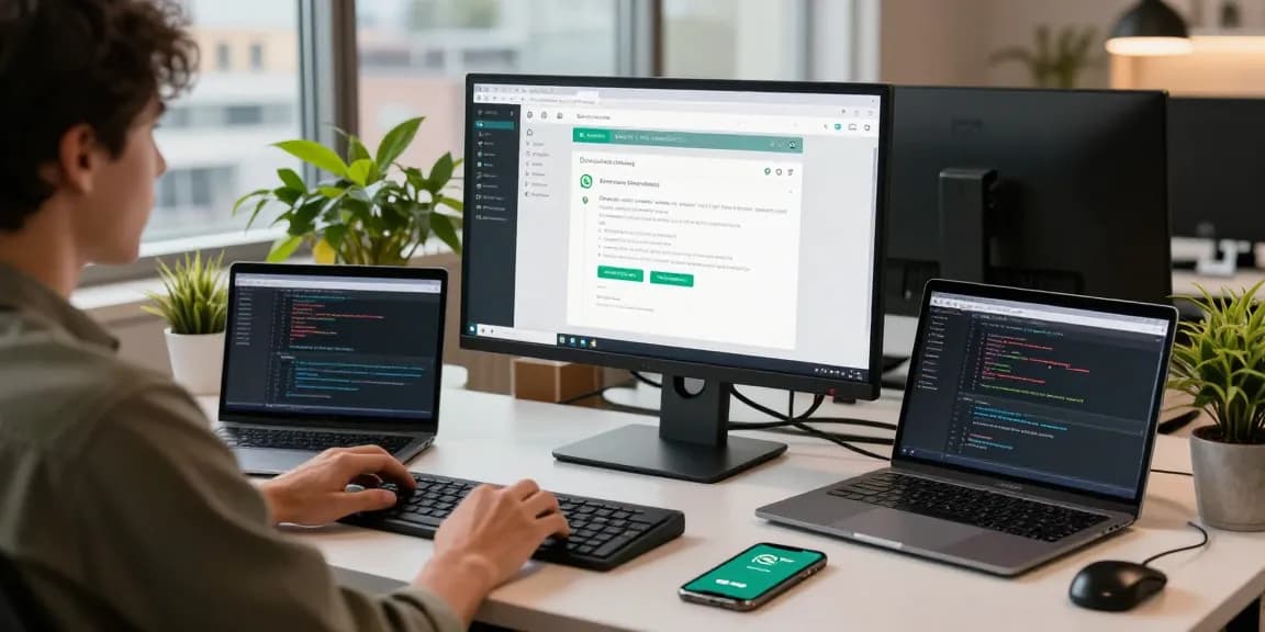 Professional workspace using WhatsApp網頁版 on a monitor with communication tools.