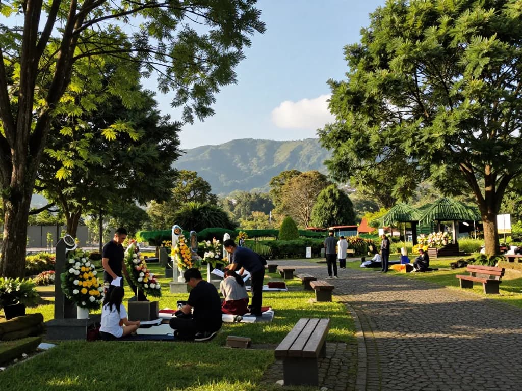 Suasana menarik jual lahan makam jogja di lokasi pemakaman tenang di taman peringatan, keluarga menghormati orang tercinta.
