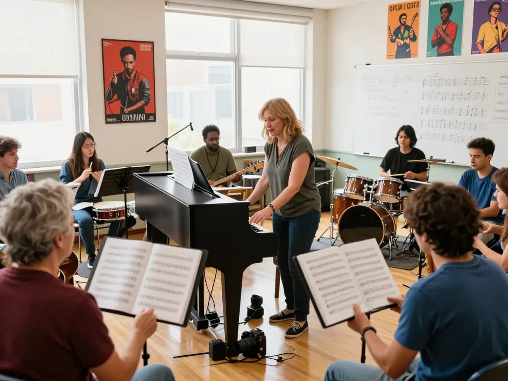 明るい教室で音楽を学ぶ大人たちの魅力的な音楽教室おすすめシーン。