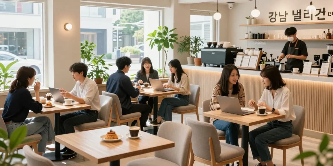 강남쩜오 멀리건에서 편안한 분위기의 커피를 즐기는 모습