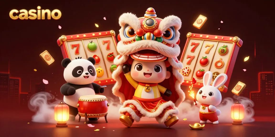 Engaging casino illustration featuring vibrant Chinese New Year elements and slot game symbols.