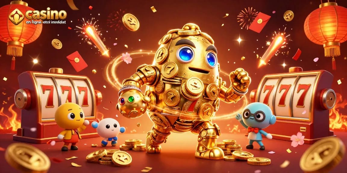 Éprouvez l'excitation des gains dans un casino en ligne retrait immédiat avec un golem d'or animé au centre.