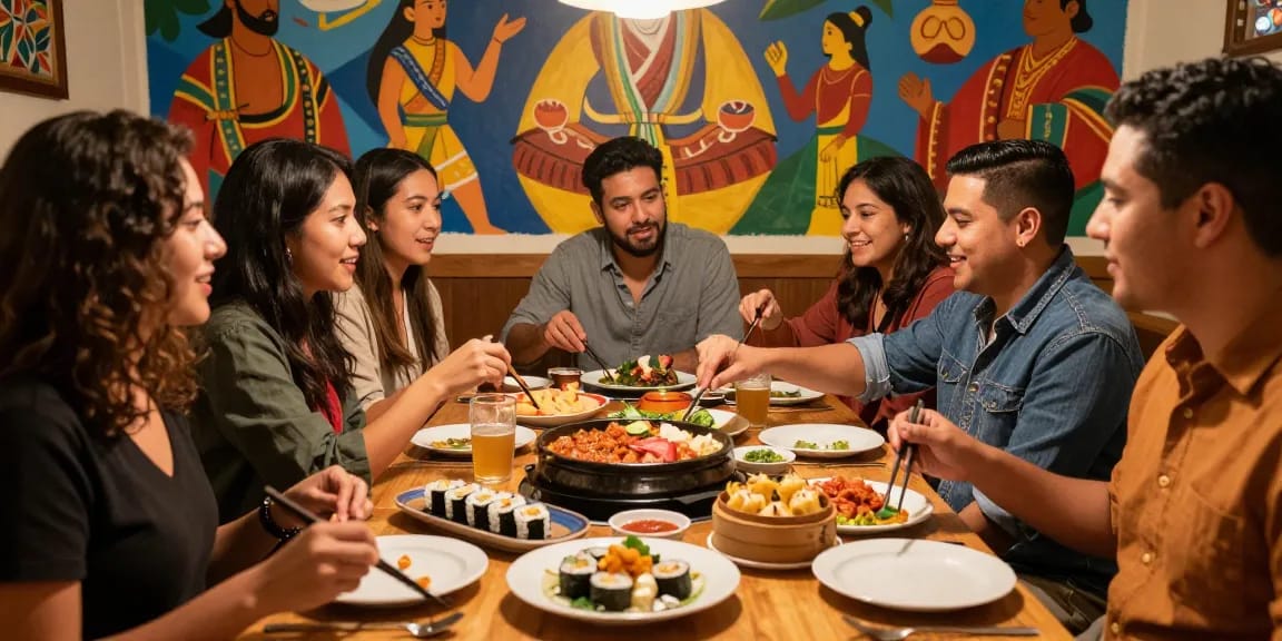 Friends enjoying Asian cuisine while discussing cultural experiences at https://hanadultalk.com, showcasing a vibrant cultural exchange.