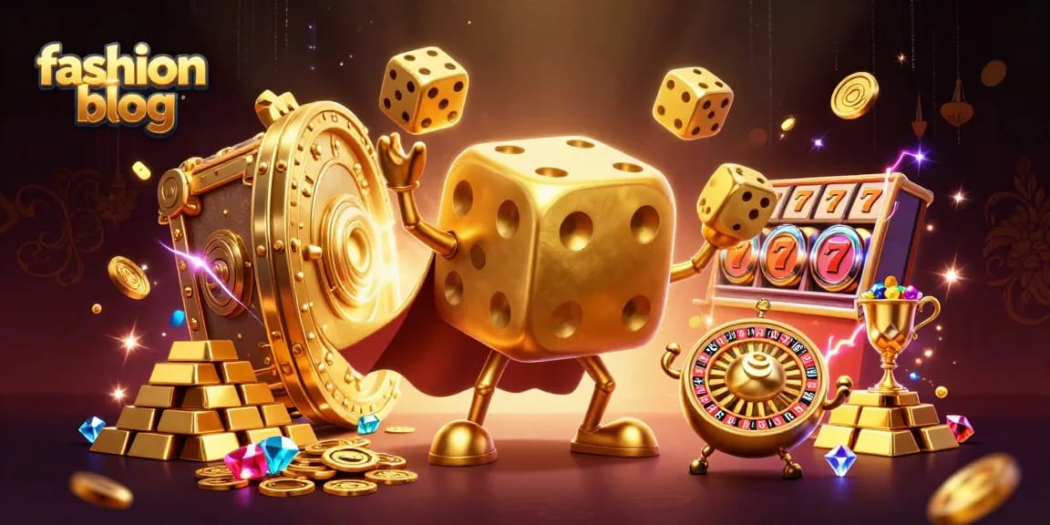 Exciting fashion blog illustration showcasing a vibrant casino scene with golden dice and jackpot elements.