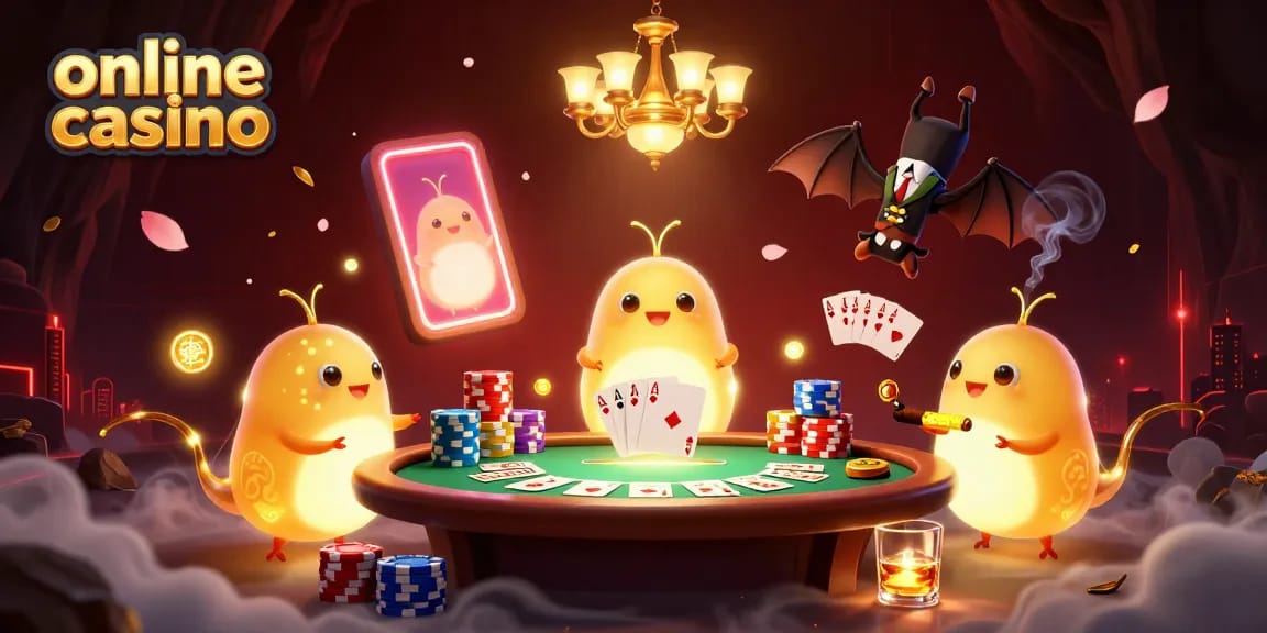 Engaging glowworms illuminate an online casino scene while betting on poker with vivid color.