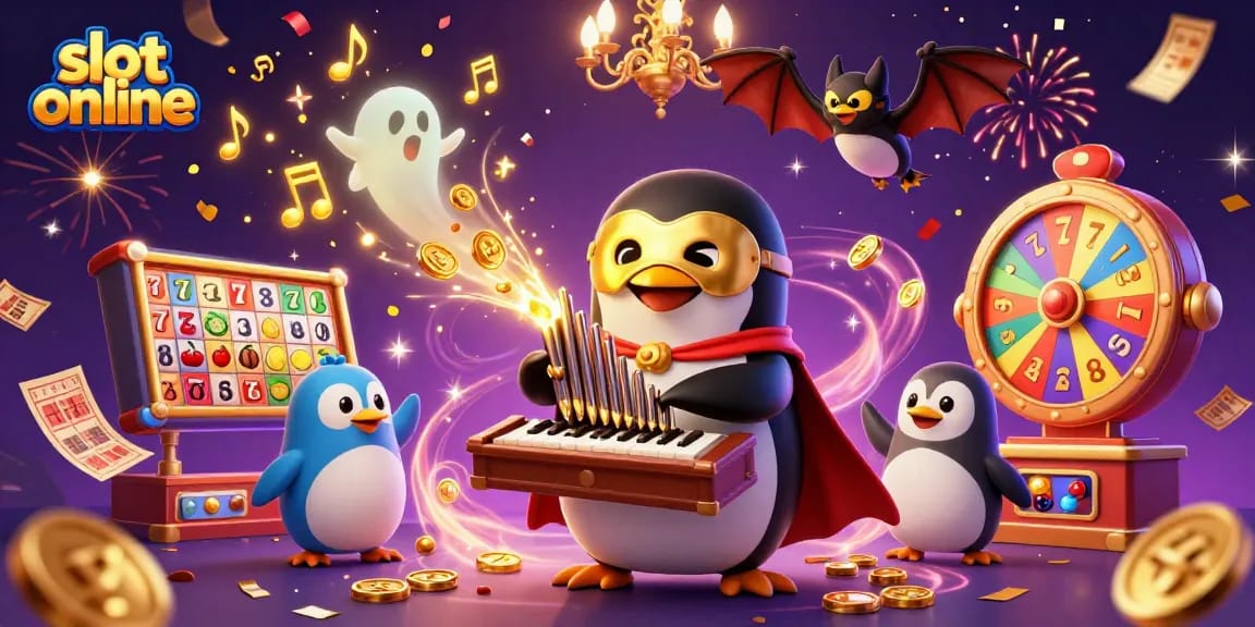 Win big with slot online games alongside a whimsical penguin at a lively casino scene.
