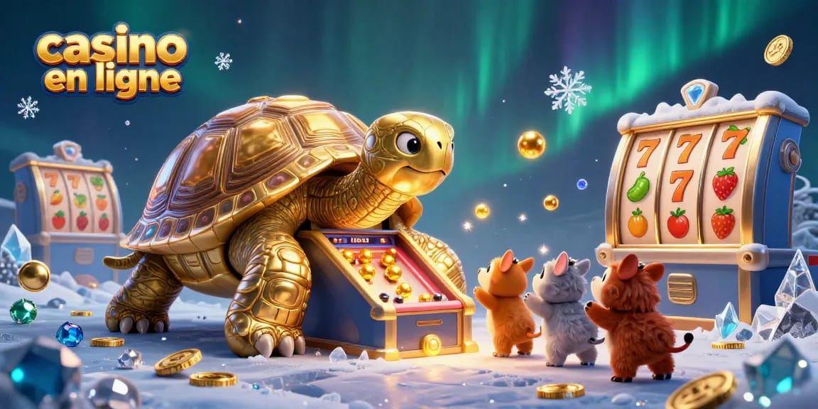Jouez aux machines à sous dans un casino en ligne animé avec une tortue dorée et des animaux heureux.