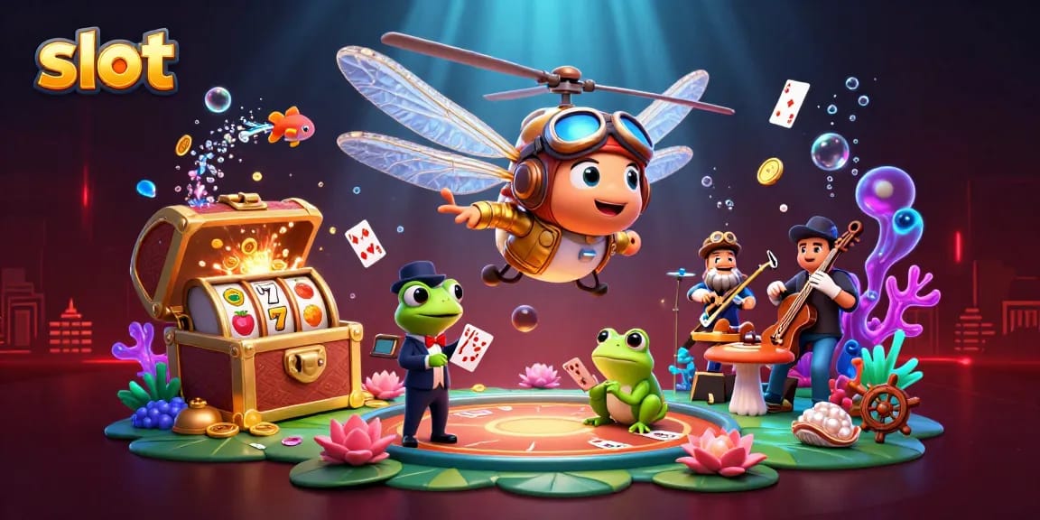 Mengguncang slot dengan croupier katak dan pemain jazz dalam ilustrasi casino bawah air yang berwarna-warni.