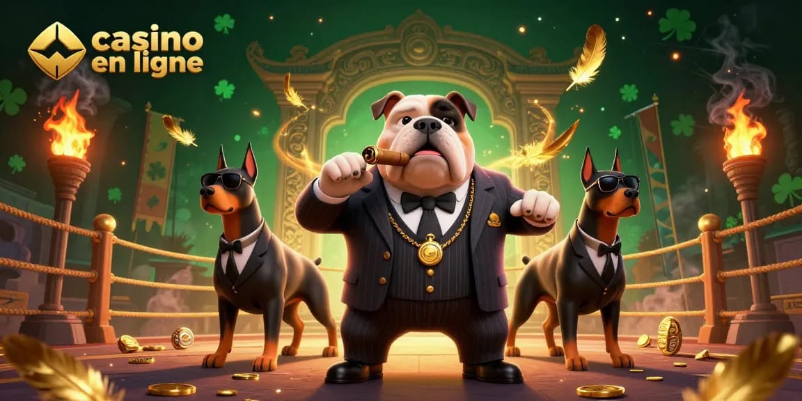Plongez dans l'univers du casino en ligne avec ce bulldog mafieux entouré de gardes du corps dans un décor luxueux.