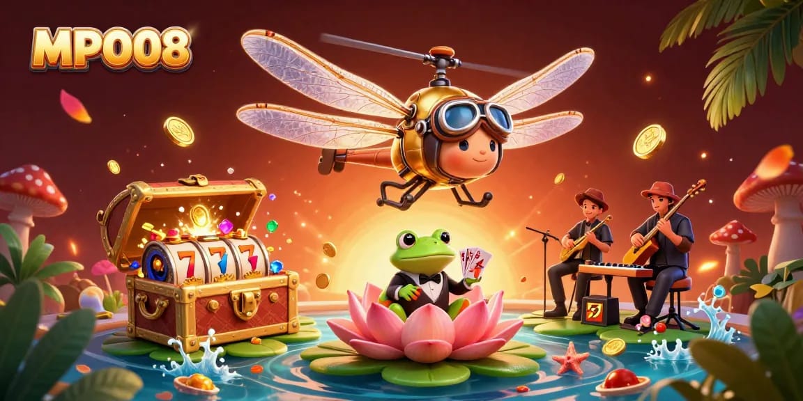 MPO08 engages players with a vibrant 3D casino scene filled with interactive elements and characters.