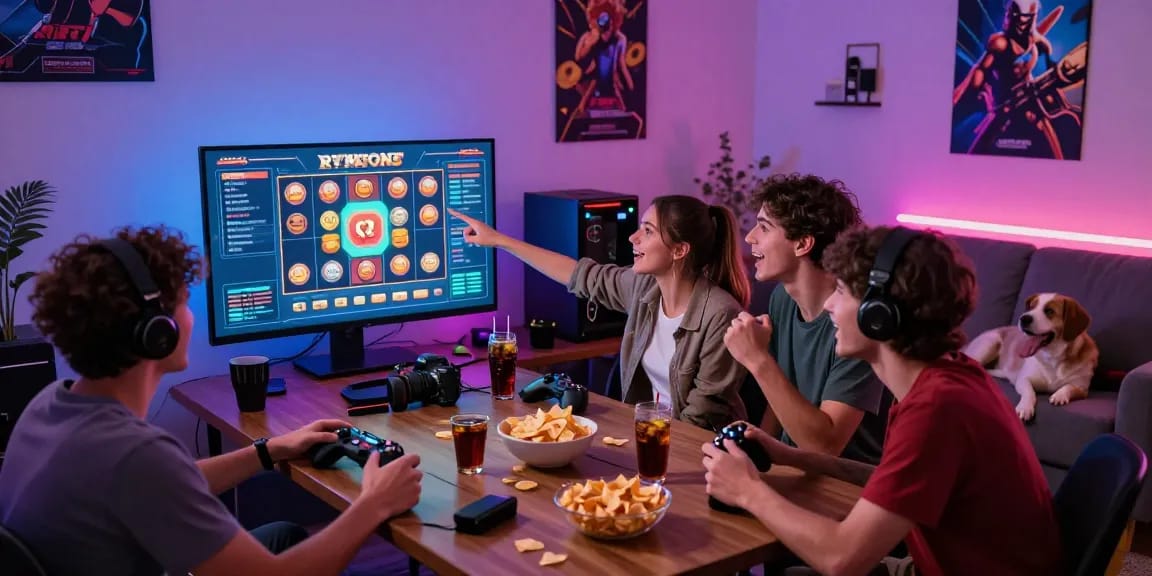 Gamer berkumpul di ruang tamu menikmati RTP slot online terbaru, nagahitam303 daftar, dalam suasana permainan yang seru.