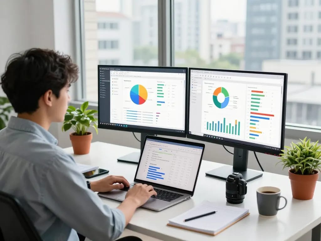 Digital marketer using group buy seo tools on dual monitors in a modern workspace.