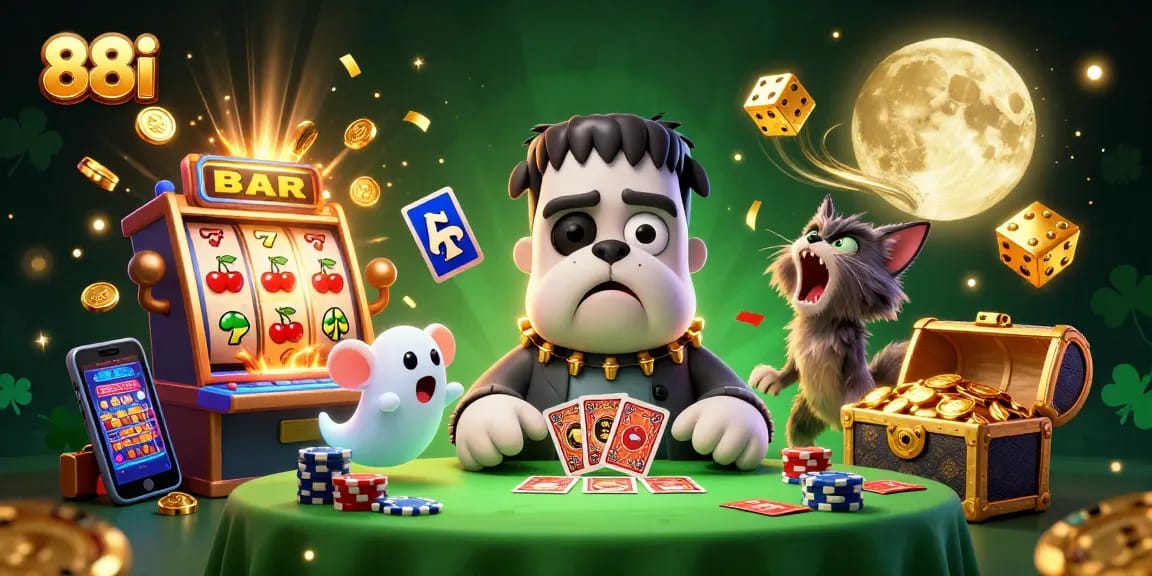 Engage with 88i in a lively 3D illustration featuring quirky characters and an energetic casino theme.