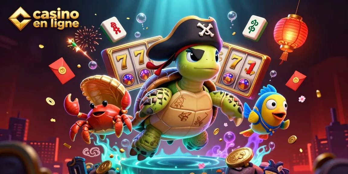 Profitez des jeux au casino en ligne avec une illustration dynamique de personnages marins, symboles de chance et éléments interactifs.