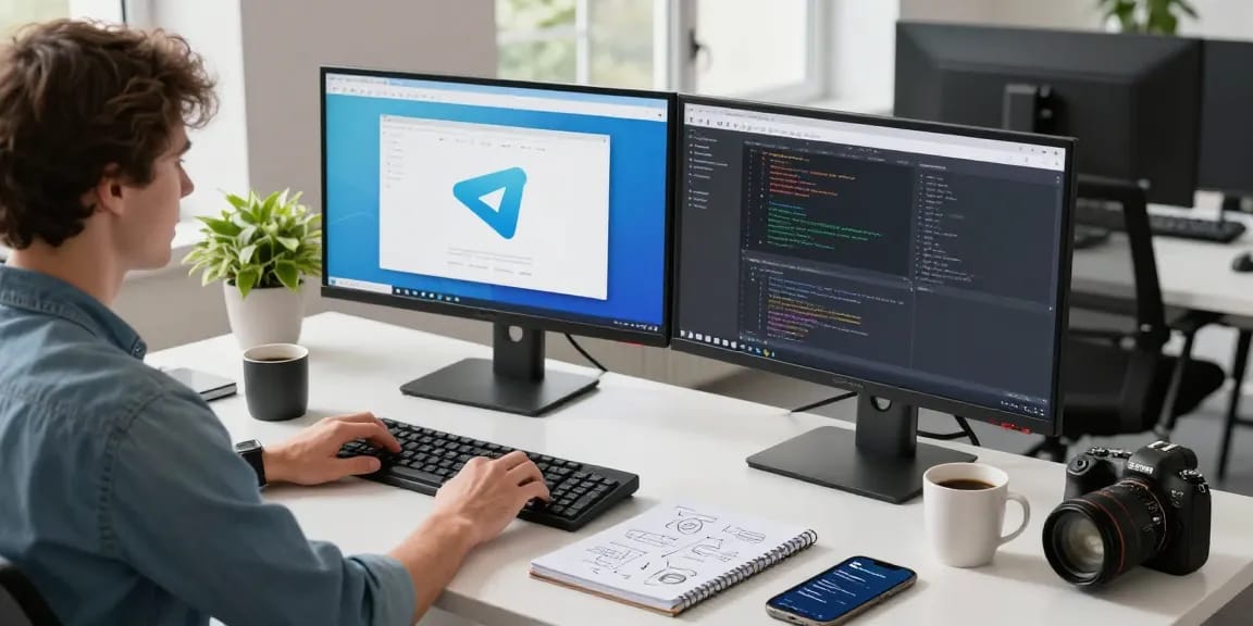 Developer using 纸飞机中文版 in a modern workspace with dual monitors and creative notes.