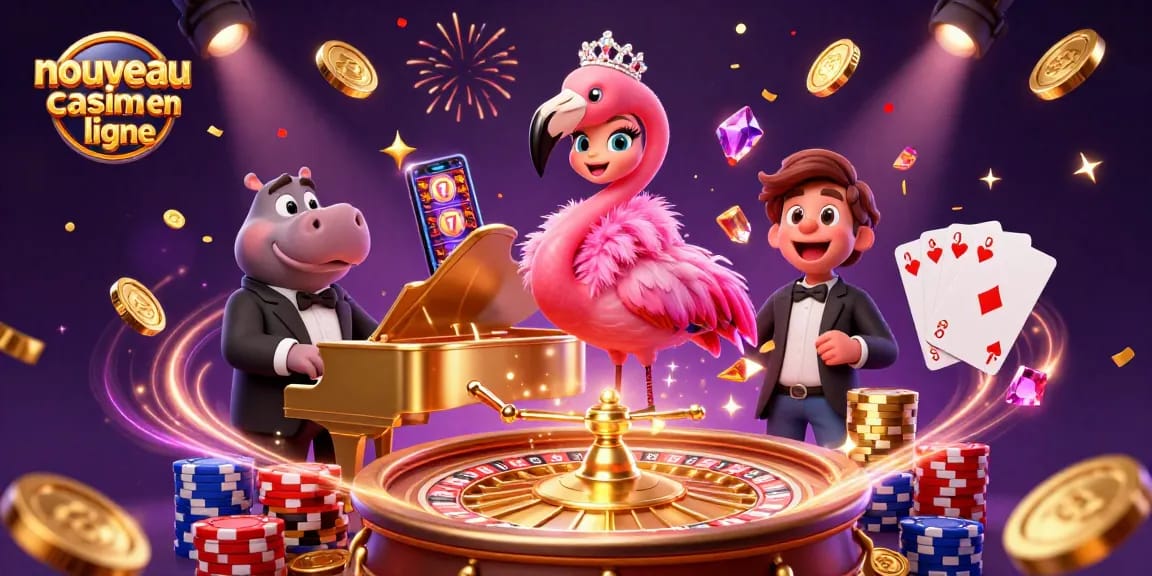 Illustration animée représentant un nouveau casino en ligne avec un flamant chantant et un hippopotame musicien, entouré d'éléments de jeu éblouissants.