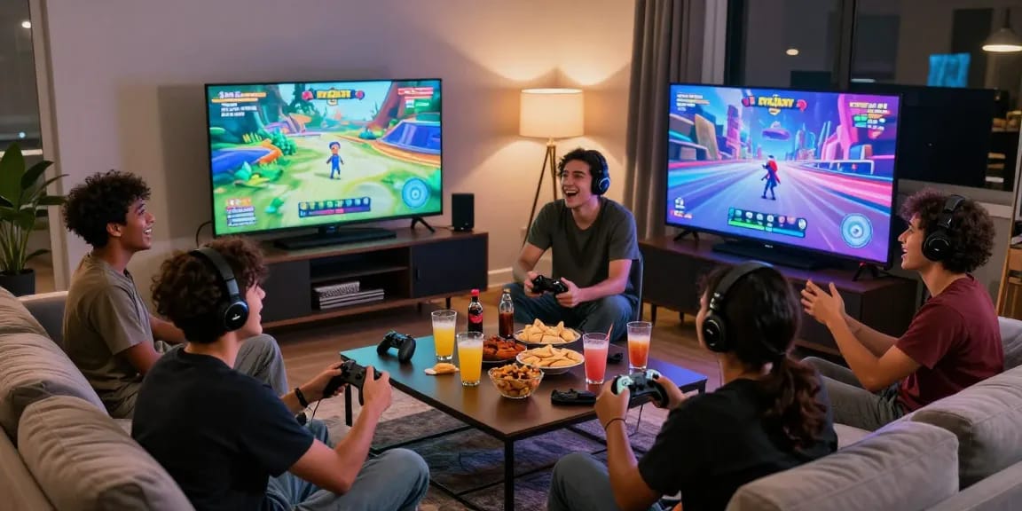 Group of friends enjoying interactive porngames in a cozy gaming setup.