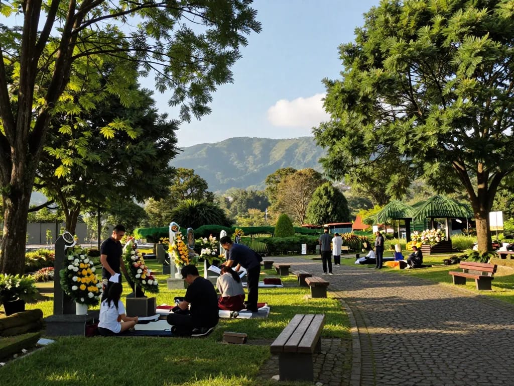 Suasana menarik jual lahan makam jogja di lokasi pemakaman tenang di taman peringatan, keluarga menghormati orang tercinta.