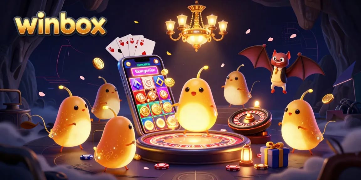 Experience the thrill of winbox gaming with glowworms illuminating a vibrant cave casino scene.