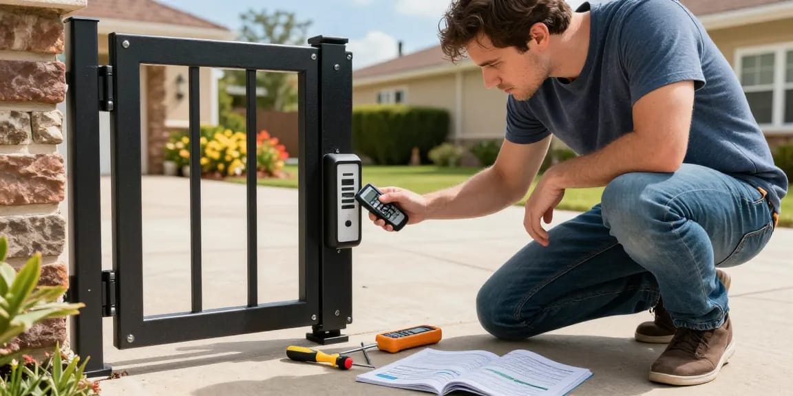 Mighty Mule gate opener common problems being troubleshooted by a homeowner with tools and manual.