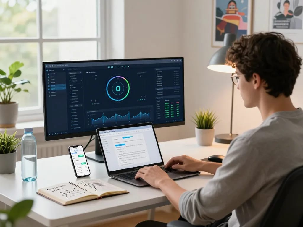 在明亮的家庭办公室环境中，使用快连提升互联网速度，配备现代科技。