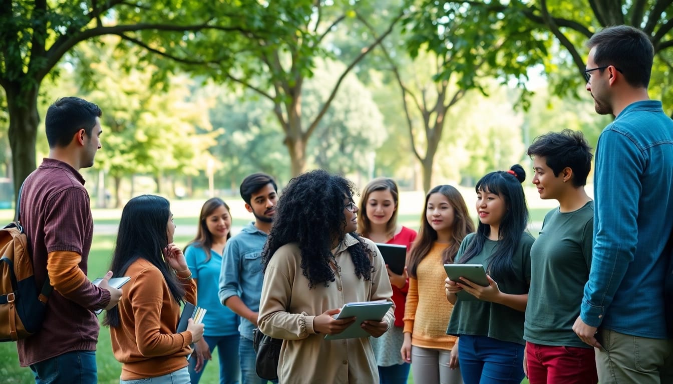Youth leadership program participants collaborating outdoors in a vibrant setting.