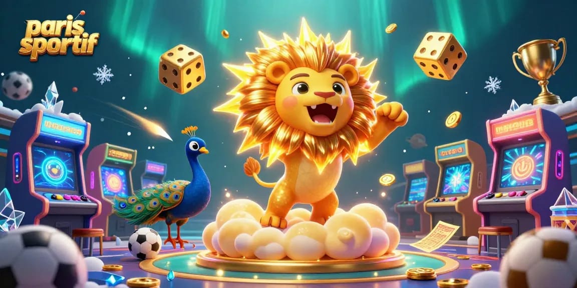 Les paris sportifs prennent vie avec un lion ensoleillé, des dés dorés et des éléments de jeu colorés.