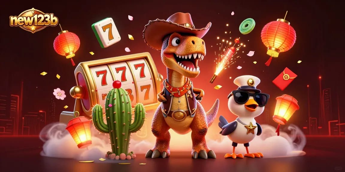 Experience thrilling wins at new123b with dynamic slot reels and lively characters in a vibrant casino setting.