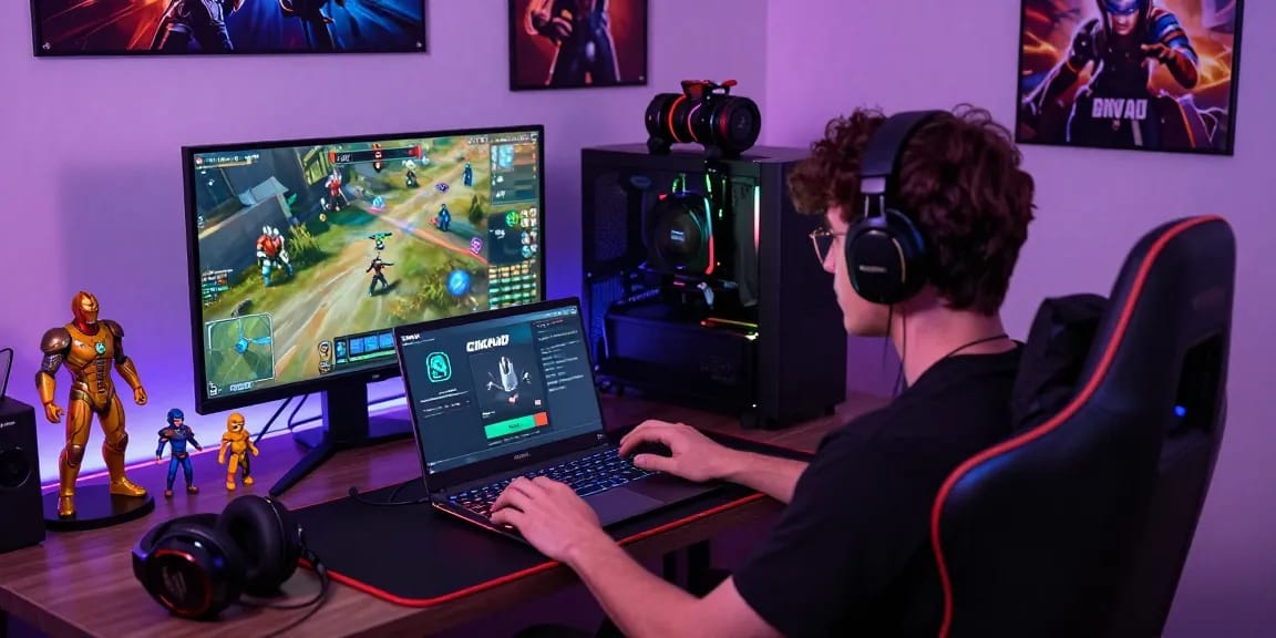 A gamer using CIKA4D platform on a laptop, surrounded by vibrant gaming accessories and RGB lighting.