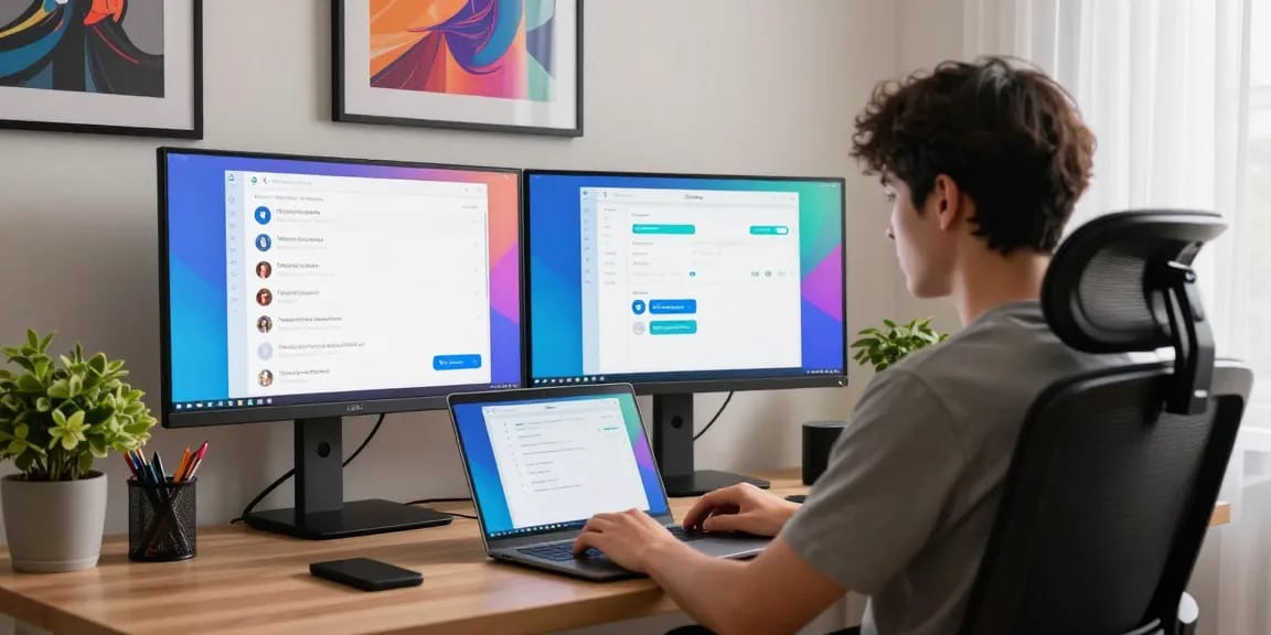 Engaged user navigating telegramin-cn.com on dual monitors in a vibrant home office.