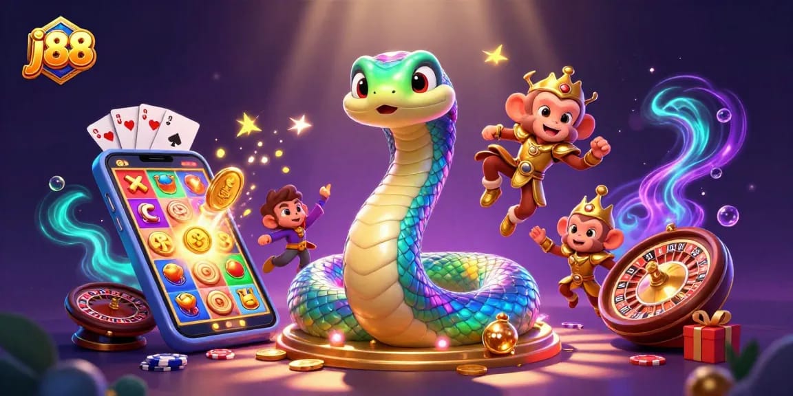 Explore the vibrant j88 casino universe with a playful monkey king and a mesmerizing rainbow serpent.