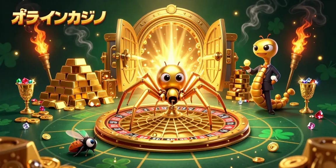 オンラインカジノで黄金のクモがルーレットの網を紡ぎ、賭けをするハエが見える緊張感あるシーン