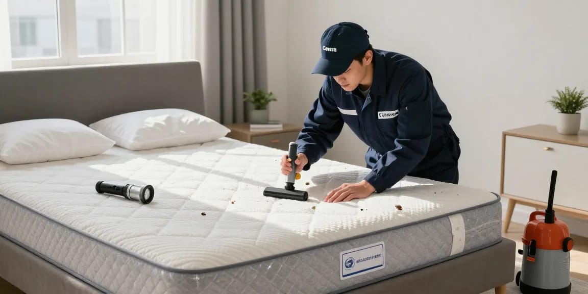 Effective bed bug treatment in an urban bedroom with professional inspection tools and fresh linens.