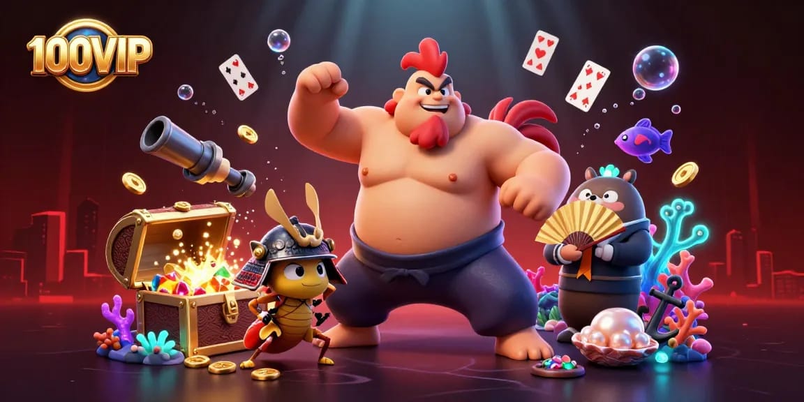 Experience thrilling gaming action with 100VIP, featuring sumo wrestlers, samurai crickets, and dynamic casino elements.