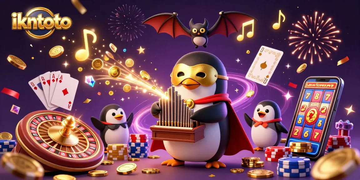 Experience ikntoto thrills with a vibrant casino scene featuring golden coins, cards, and a phantom penguin.