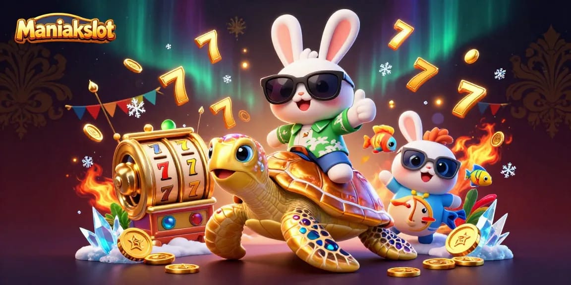 Play exciting games at Maniakslot with a cheerful rabbit and golden turtle in a vibrant casino illustration