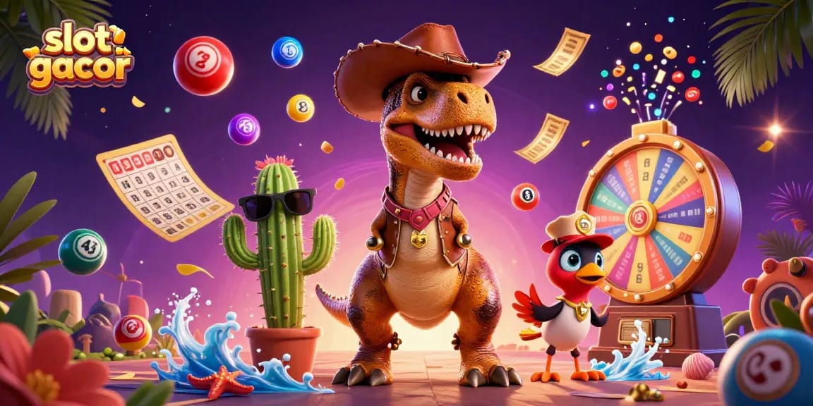 Spin slot gacor reels with a vibrant cowboy dinosaur and joyful companions for big wins!