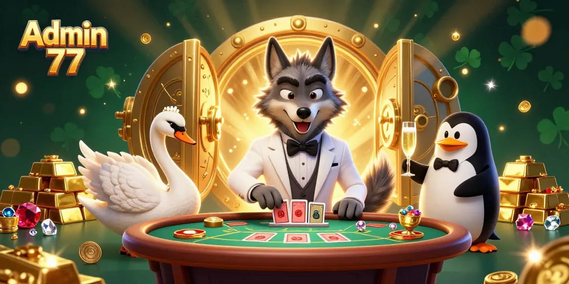 Experience thrilling wins at Admin 77 with a luxurious casino scene illuminated by treasures.