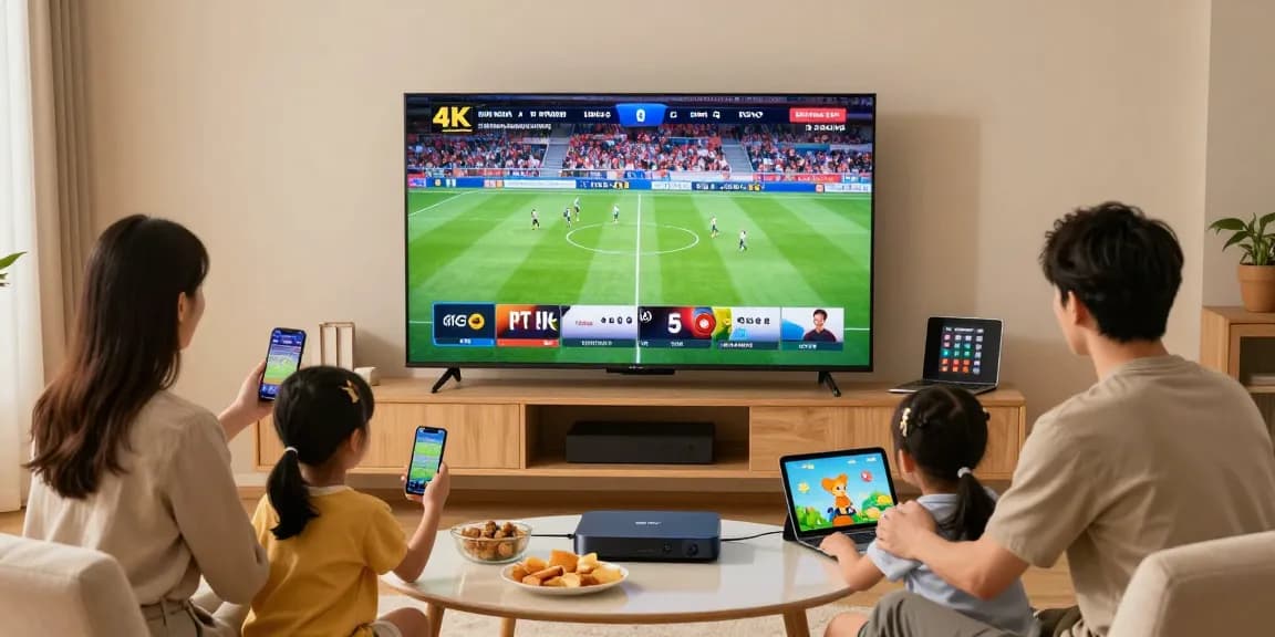 Profitez d'un essai gratuit iptv avec une famille regardant la télévision en direct en 4K.