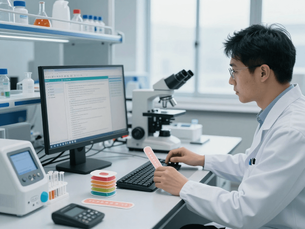 BPC 157 Benefits illustrated through a scientist's research on buccal strip technology in a modern lab.